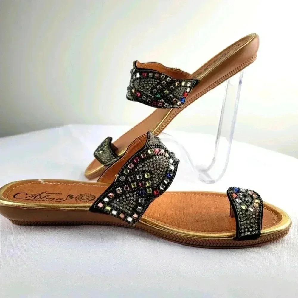 Embellished Toe-Ring Flat Sandals - Picture 1 of 5